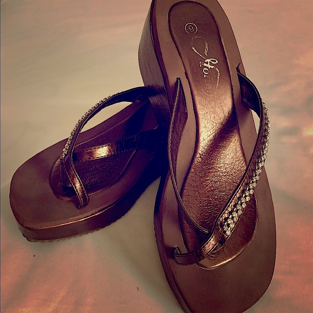 Brown Copper Leather Bling Platform Sandals